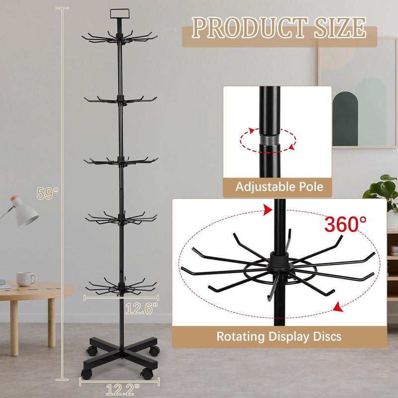 Exttlliy 5-Tier Metal Spinning Display Stand Rack with Wheels, Black Iron, 50 Hooks, Lockable Wheels, Ideal for Jewelry, Accessories, Foods - Image 2
